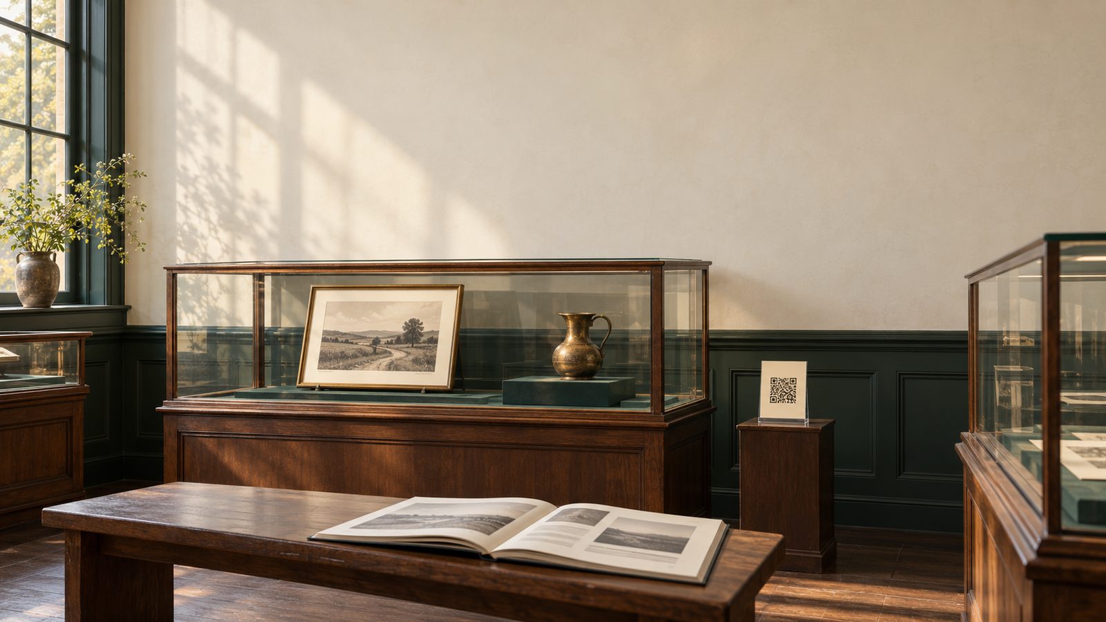 A quiet heritage-museum gallery: a wooden display case with a framed photograph and brass pitcher, an open visitor guide on a bench, and a small QR card beside the exhibit
